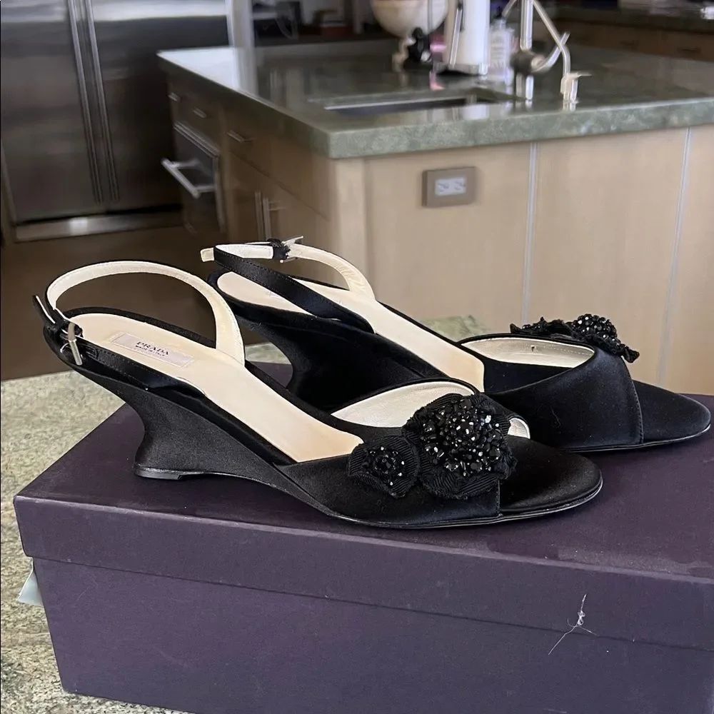 PRADA Black Wedge Sandals with Embellished Detail 38.5